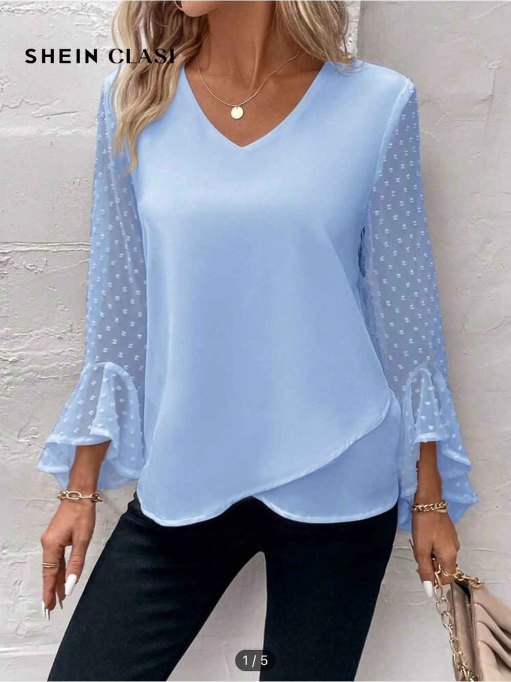 SHEIN Light Blue V-Neck Swiss Dot Sleeve Blouse
